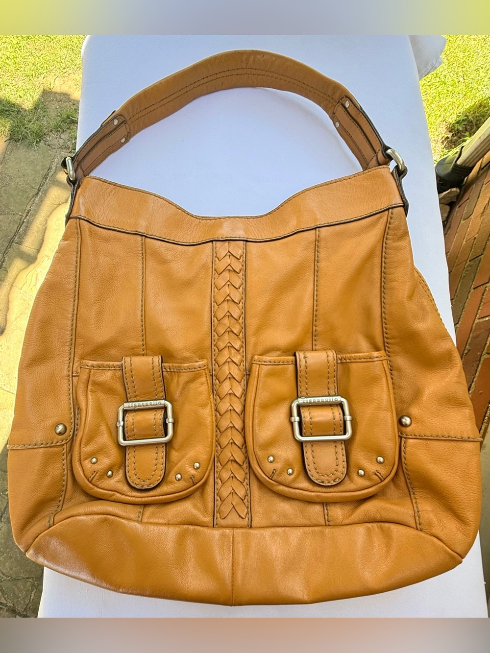 Tignanello Cognac Leather Hobo Shoulder Bag Braided Trim Utility Pocket Purse - Picture 8 of 10